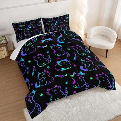 3D Neon Cat Kids Comforter Set,Gradient Line Cat Toddler Comforters King Size for Teens Kids Boys Girls Room Decoration,Black Kawaii Bedding Sets with 2 Pillowcases.