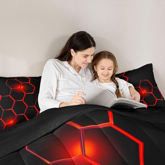 Feelyou Honeycomb Kids Comforter Set ModernHexagon Bedding Set for Boys Teens Decor Geometrical Comforter Beehive Geometric Black Red Duvet Set King Size with 3 Pillow Case Boys
