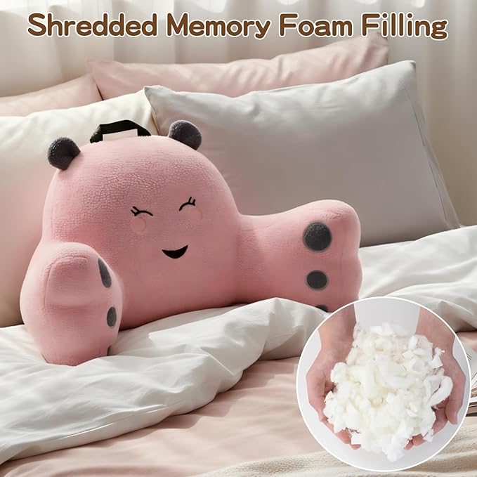 Reading Pillow for Sitting in Bed Couch Teens/Adult, Back Rest Pillow for Sitting Up in Bed with Shredded Memory Foam, Includes Arms and Washable Cover (Pink)