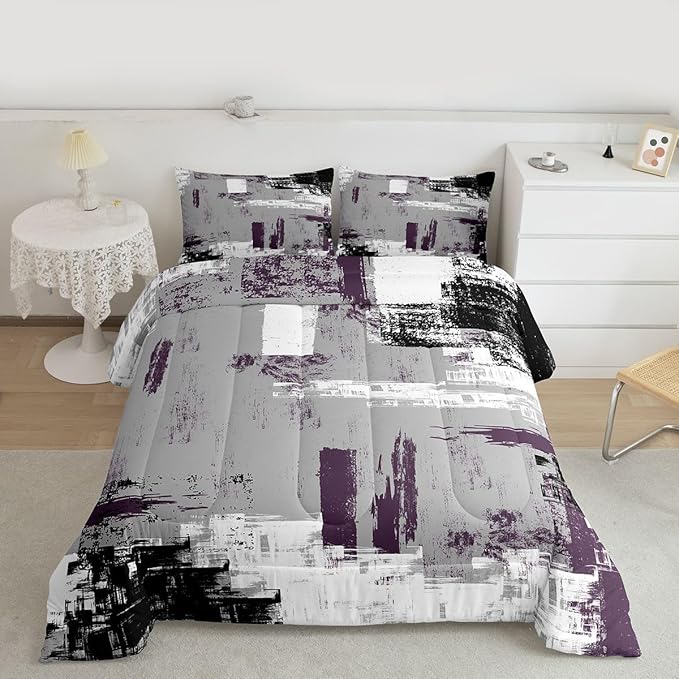 Feelyou Abstract Bedding Set Kids Modern Abstract Art Comforter Set Purple Grey Black Comforter for Boys Room Decor Lightweight Retro Duvet Set Queen Size with 2 Pillow Case