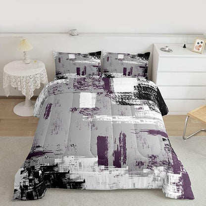 Feelyou Abstract Bedding Set Kids Modern Abstract Art Comforter Set Purple Grey Black Comforter for Boys Room Decor Lightweight Retro Duvet Set King Size with 2 Pillow Case