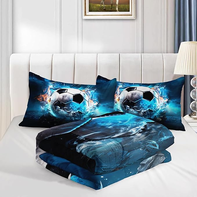 Soccer Bedding Comforter Set Twin Size,Blue Football Flame Printing Ball Gamer Bedding Set,Sports Themed Room Decor for Teens Boys,Kids Comforter Sets Boys with 2 Pillowcases.