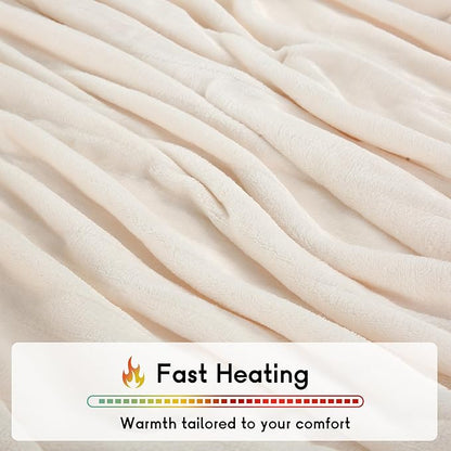 Heated Electric Blanket King Size 90''x100'', Dual Controller Soft Flannel with 10 Heat Settings 1-12 Hour Auto Off Large Blanket for Bed - White