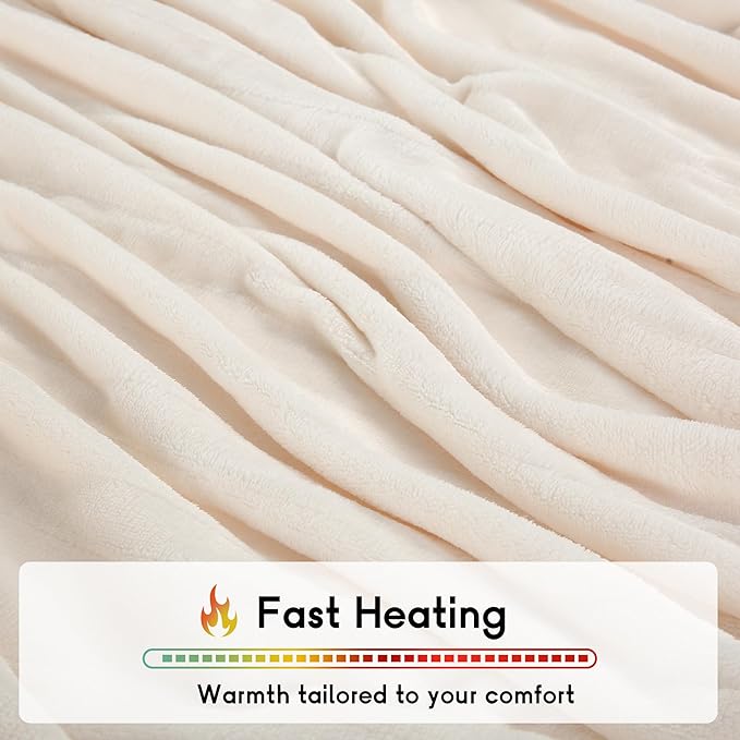 Heated Electric Blanket Queen Size 84''x90'', Dual Controller Soft Flannel with 10 Heat Settings 1-12 Hour Auto Off Large Blanket for Bed - White