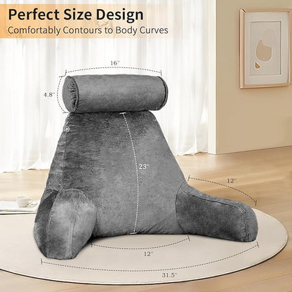 Reading Pillow for Sitting in Bed with Detachable Neck Roll & Big Bed Backrest Pillow Back Support Pillow Chair Pillow with Washable Cover for Adult with Arms and Side Pocket Shredded Foam