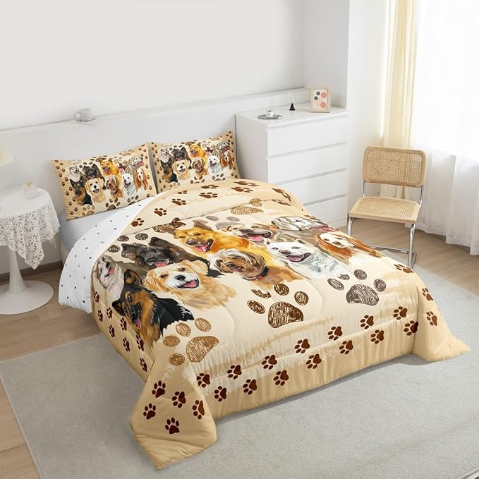 Castle Fairy Puppy Dogs Comforter Set Twin Size,Funny Cute Pet Dog Paw Print Bedding Set for Kids Boys Men,Vintage Watercolor Dogs Animal Quilted Duvet Set with 1 Pillowcase