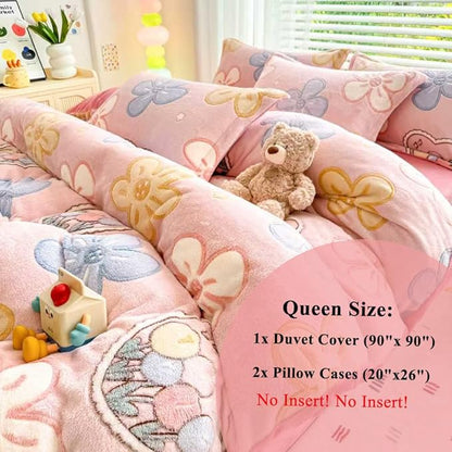 Pink Floral Kids Duvet Cover Set Queen Cute Kawaii Bedding Set Snowflake Fluffy Comforter Cover Blanket Soft Reversible Duvet Cover Set Room Decor for Girls Women Boys(Pink Flowers,Queen)