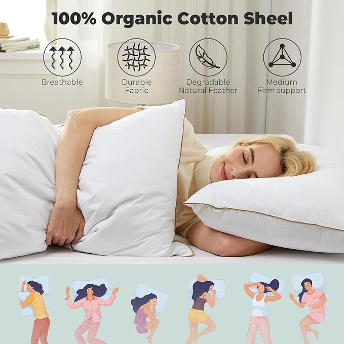 Dreamhood Goose Feather Down Pillows for Sleeping Soft Bed Pillow Standared Size Set of 2 Cooling Down Pillows for Twin Bed Made in USA with 100% Cotton Cover 20 x 26 Inches