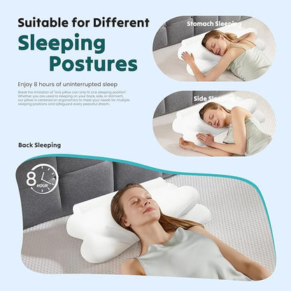 Smug Cervical Neck Pillow for Sleeping, Cooling Ergonomic Memory Foam Pillow with Arm Rest Slot and Ice Silk Pillowcase, Dual Height Orthopedic Support Contour for Side, Back, Stomach Sleepers
