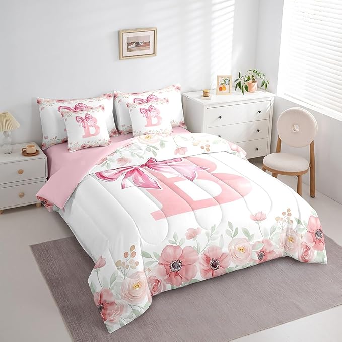 Erosebridal Pink Bow Tie Bowknot Bed in A Bag, Initial Letter B Bedding Sets, Spring Fresh Comforter Set with Sheets for Kids Girls Romantic Spring Flower Floral Bed Set Bedroom Decor King Size