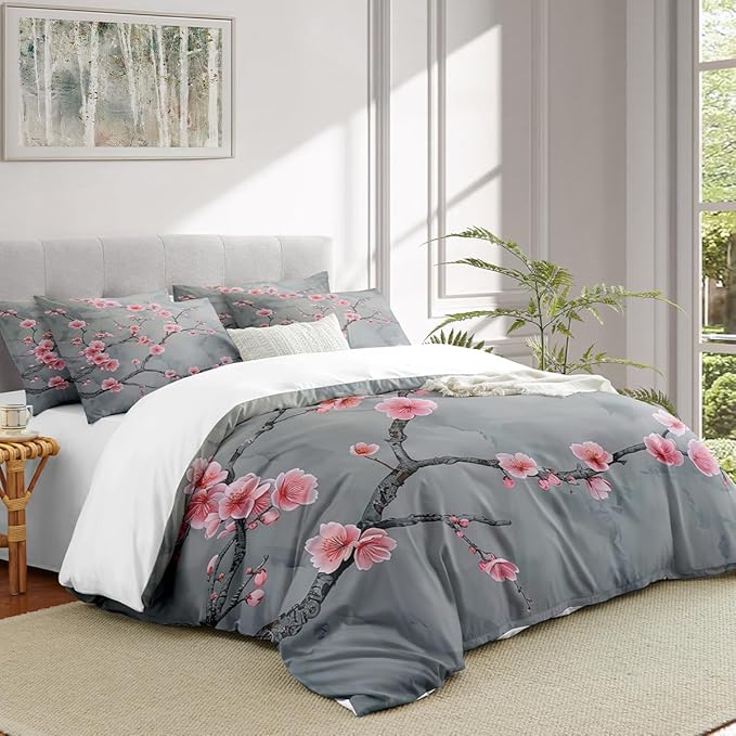 Grey Pink Cherry Blossom Duvet Cover King Size Japanese Cherry Blossoms Duvet Cover Set Vintage Floral Bedding Set Soft Microfiber Comforter Cover(2 Pillowcases, No Comforter)