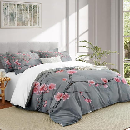 Grey Pink Cherry Blossom Duvet Cover Queen Size Japanese Cherry Blossoms Duvet Cover Set Vintage Floral Bedding Set Soft Microfiber Comforter Cover(2 Pillowcases, No Comforter)