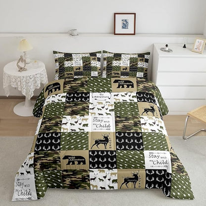 Feelyou Deer Print Comforter Soft Quilt for Girls, Bear Camouflage Bedding Set Kids Deer Hunting Arrow Grid Plaid Comforter Set Decor,Green Collection 3Pcs Full Size Boys