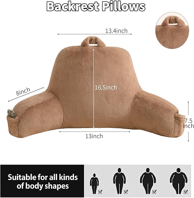 Reading Pillow for Sitting in Bed, Large Backrest Reading Pillow with Arm Rest,Back-Rest Support Cushion for Sit Up on Couch, Sofa, and Floor, Dorm Essentials (Khaki Faux Fur, Standard(17"))