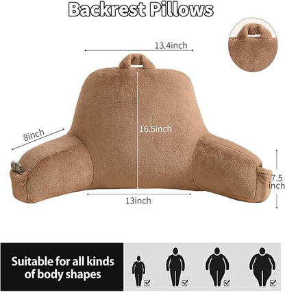 Reading Pillow for Sitting in Bed, Large Backrest Reading Pillow with Arm Rest,Back-Rest Support Cushion for Sit Up on Couch, Sofa, and Floor, Dorm Essentials (Khaki Faux Fur, Standard(17"))