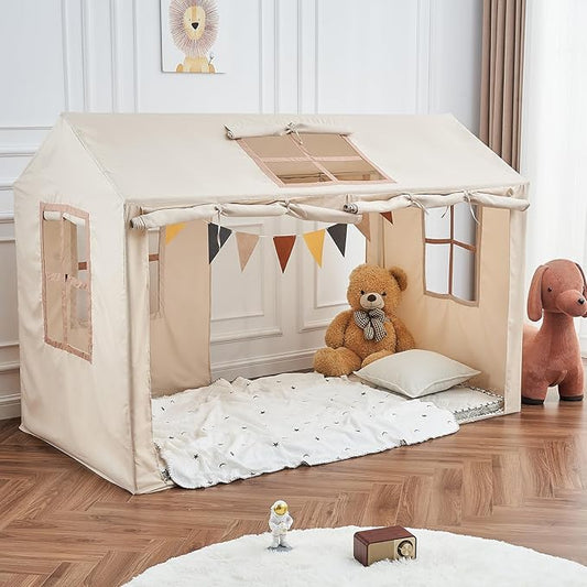 Twin Bed Tent Indoor Bed Canopy Kids Tents for Girls Boys with 2 Doors, Breathable Private Space Floor Fort Bed Tents for Kids Sleeping Tent (Twin, Khaki)