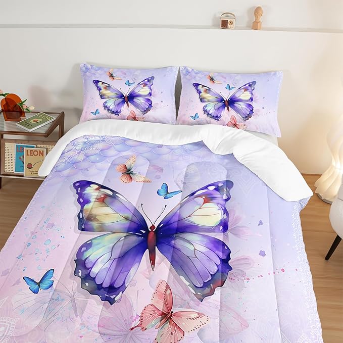 HOSIMA Butterfly Queen Comforter Set with 2 Pillowcases,Mandala Butterfly Bedding Sets for Girls Teen Women Room Decor,Purple Butterfly Comforter for Queen Size Bed,College Dorm Essentials for Girls.