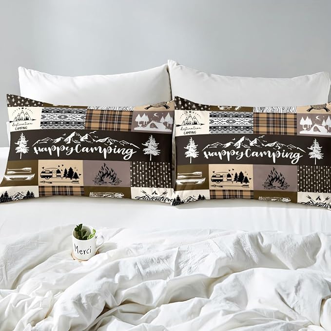 Happy Camping Bedding Set King Size for Teens,RV Camper Adventure Tent Patchwork Comforter Cover with 2 Pillowcases,Rustic Farmhouse Lake Cabin Brown Check Duvet Cover Set Microfiber Quilt Cover