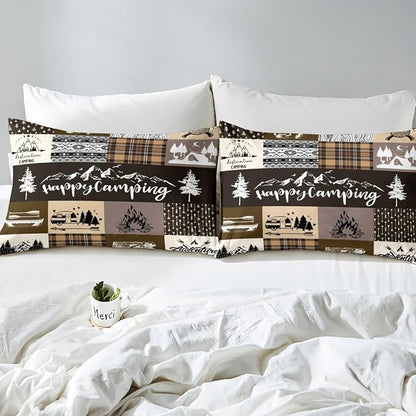 Camper Patchwork Bedding Set Twin Size,Happy Camping Cabin Hunting Adventure Comforter Cover Set for Kids Girls,Travel Trailers Decor Boho Aztec Exotic Bedding Quilt Cover Set Bedroom Decor, 2 Pcs