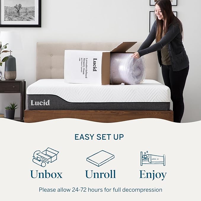 Lucid 3 Inch Lavender Memory Foam Mattress Topper, Twin XL Size – Essential Oil Infusion – Deep Plush Feel, Pressure-Relieving Bed Topper – Ventilated and Breathable – CertiPur Certified