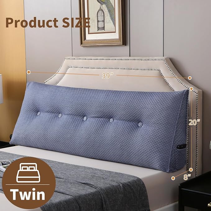 Wedge Headboard Pillow for Bed, Twin Dorm Headboard Pillow Support for Sitting Up, Reading, Relaxing, Bolster Pillow with Removable Washable Cover, Blue