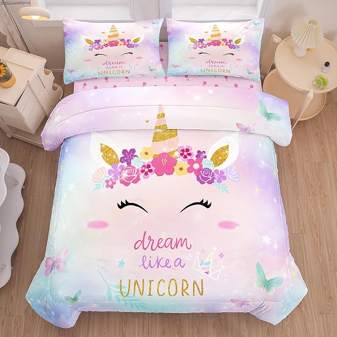 Bodhi Queen Size Comforter Sets for Girls,Kids Unicorn Queen Bedding Sets,Teens Butterfly Flower Unicorn Comforter Sets 5 Piece