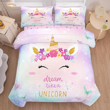 Bodhi Queen Size Comforter Sets for Girls,Kids Unicorn Queen Bedding Sets,Teens Butterfly Flower Unicorn Comforter Sets 5 Piece
