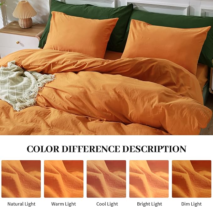 NEXHOME PRO Duvet Cover Set Oversized Queen 98"x98" Linen Look Textured Organic Natural 100% Washed Cotton Duvet Cover 3 Pieces Bedding Set Zipper Closure, Breathable, Halloween Orange(No Comforter)