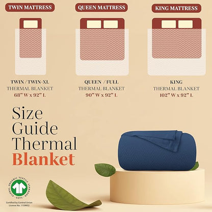 Mayfair Linen 100% Pure Cotton, Luxury Full/Queen Size Medium Blue Blanket - Herringbone Pattern, Soft &Cozy Premium Fall Bed Throw Blanket for All Seasons, 350GSM & 90x92 with Free Tote Bag.