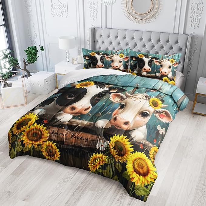 Cute Cow Print Comforter Set Twin Size Sunflower Highland Cow Bedding Set Farm Animals Cow on Fence Quilt Bed Set with 1 Comforter and 2 Pillowcases for Kids Boys Girls Room Decor, D-cow2