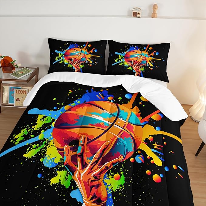 Black Basketball Comforter Set Full Size,Watercolor Tie-dye Comforter Color Graffiti Hip Hop Style Full Bed Set,Ball Sports Games Bedding Set for Teens Kids Bedroom Decor with 2 Pillowcases.