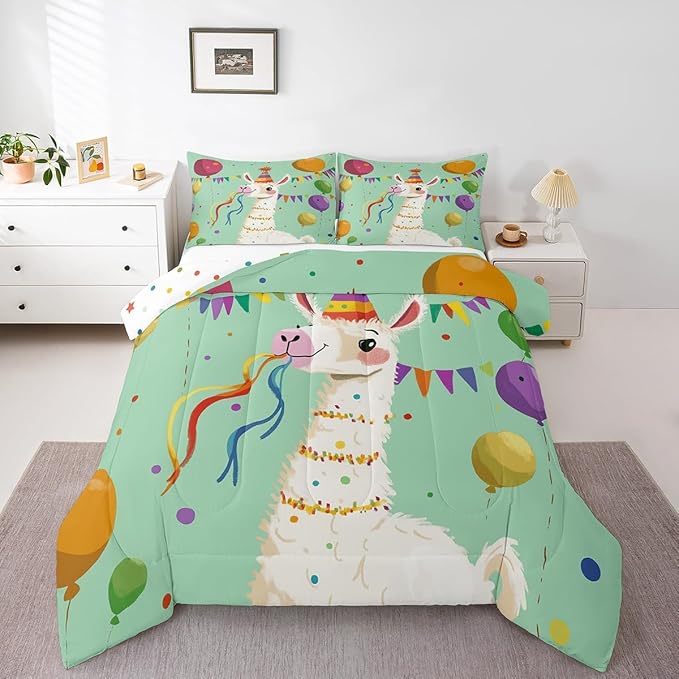Funny Alpaca Bedding Set King Size Cartoon Wild Animal Comforter for Child Teens Colorful Balloons Dots Down Comforter Geometric Triangle Flag Duvet Insert with 2 Pillowcases
