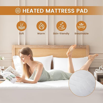 ACCU Heated Mattress Pad Queen, Quilted Electric Mattress Pad Bed Warmer with Dual Controllers, 6 Heat Settings 10-Hour Auto Off, 17 Inch Deep Pocket, Machine Washable, White