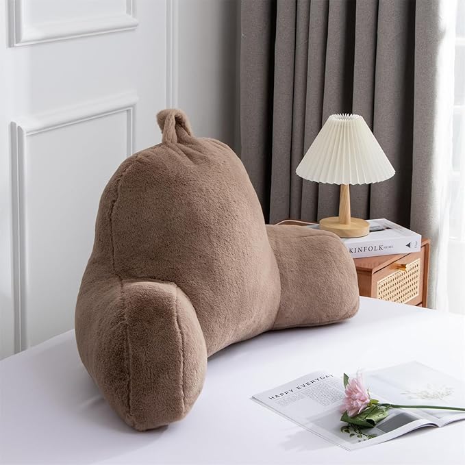 A Nice Night Faux Fur Reading Pillow Bed Wedge Large Adult Children Backrest with Arms Back Support for Sitting Up in Bed/Couch for Bedrest,Khaki