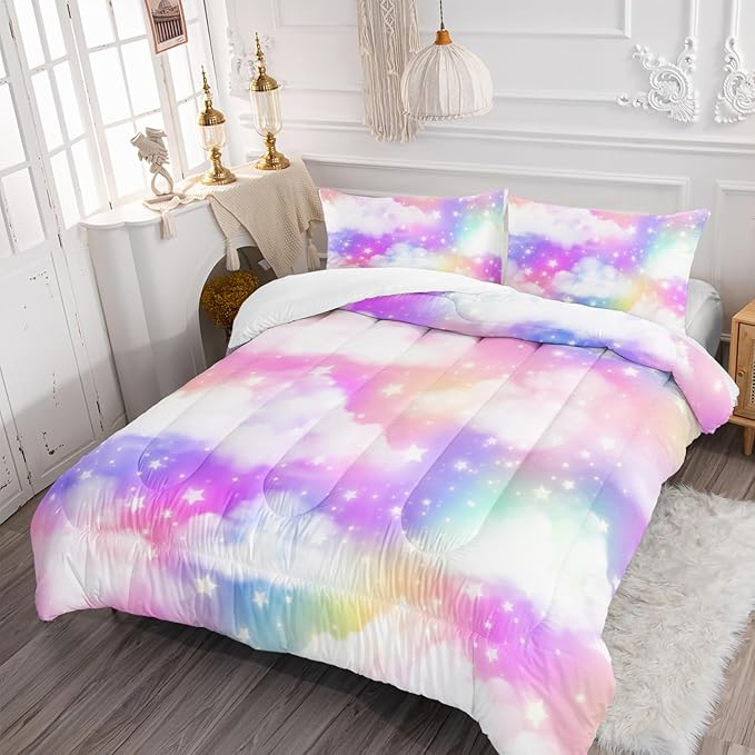 Rainbow Cloud Sky Kids Bedding Set Glitter Golden Stars Comforter 3Pcs Full Tie Dye Art Quilt Set for Kids Teens Girls Boys Bed Set with 1 Comforter and 2 Pillowcases