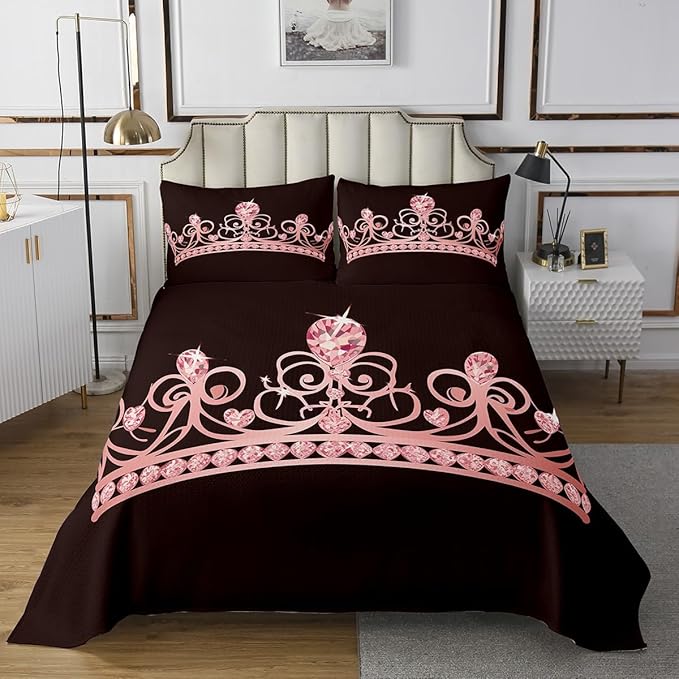 Erosebridal Princess Coverlet Set, Pale Pink Crown with Diamond Bedding Quilted Girly Bedspread, Kids Children Woman Soft Microfiber Decorative Quilt Set Twin Size, Black