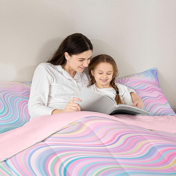 Feelyou Girls Pink Comforter Set Toddler Size Kids Rainbow Stripe Bedding Set for Boys Teens Women Die Tye Comforter Breathable Geometric Duvet Princess Decor Quilt,1 Comforter with 1 Pillowcase