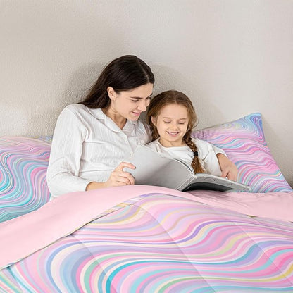 Feelyou Girls Pink Comforter Set Toddler Size Kids Rainbow Stripe Bedding Set for Boys Teens Women Die Tye Comforter Breathable Geometric Duvet Princess Decor Quilt,1 Comforter with 1 Pillowcase