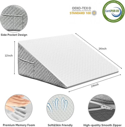 Wedge Pillow, 12 Inch Bed Wedge Pillow for Headboard, Pillow Wedge for Acid Reflux Relief, After Surgery, Sleeping，Back Pain Relief, Memory Foam Top, LightGrey