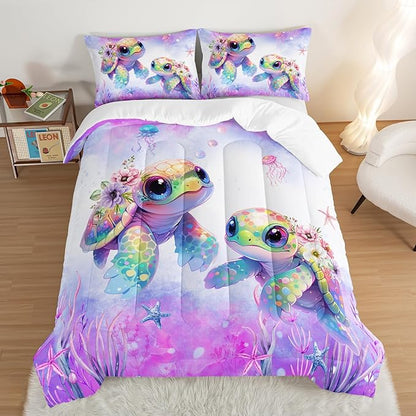 Kids Comforter Set Turtle Printed Pattern Bedding Set Twin Size,Purple Waterweed Jellyfish Starfish Pattern Bedding Set for Kids Girls Boys Room Decor with 2 Pillowcases.