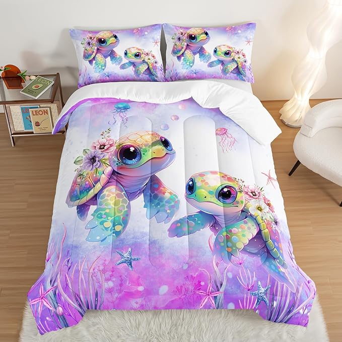 Kids Comforter Set Turtle Printed Pattern Bedding Set Full Size,Purple Waterweed Jellyfish Starfish Pattern Bedding Set for Kids Girls Boys Room Decor with 2 Pillowcases.