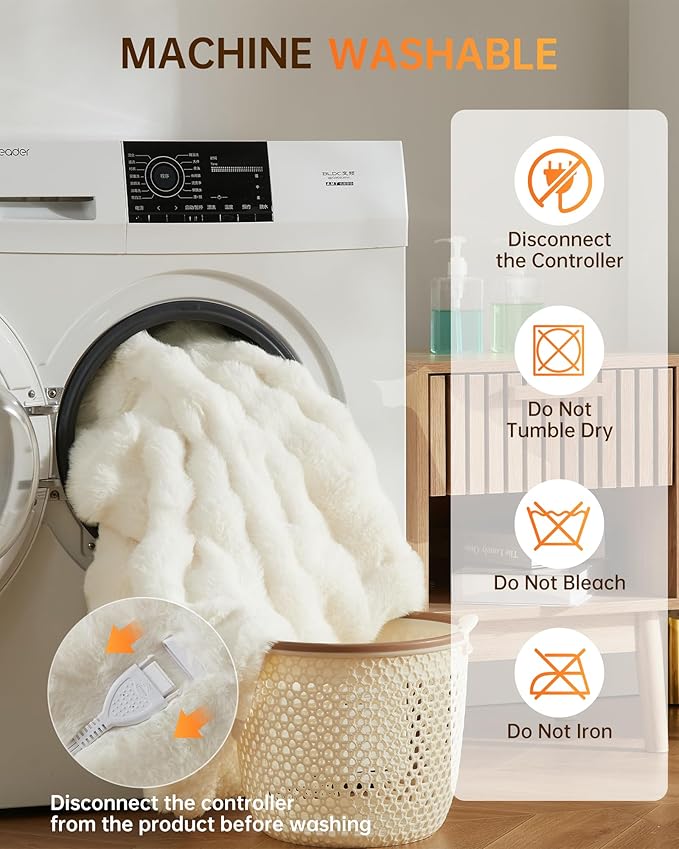 GarveeHome Heated Blanket King, Dual Control Faux Fur Electric Heating Blanket with 4 Heat Settings, Soft Bubble Blanket with 8 Hour Auto-Off & Overheat Protection, for Gifts Home Couch or Bed, White