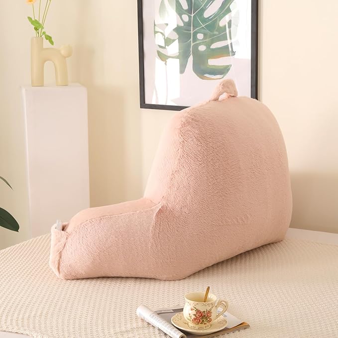 Reading Pillow for Sitting in Bed, Large Backrest Reading Pillow with Arm Rest,Back-Rest Support Cushion for Sit Up on Couch, Sofa, and Floor(Shell Pink Faux Fur, Standard(17"))