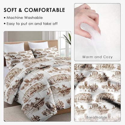 Queen Size Comforter Set with 2 Pillowcase, American Desert Cowboy Soft 3 Pcs Bedding for Kids and Adults, Western Country Vintage Comforter Set for Room Bedroom Bed Decor