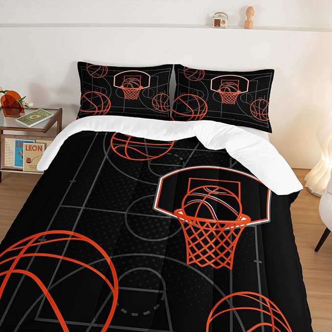 Basketball Court Print King Comforter Set for Boys,Ball Sports Games Bedding Set for Teens Kids Bedroom Decor,Orange Basketball Comforter Sets with 2 Pillowcases.
