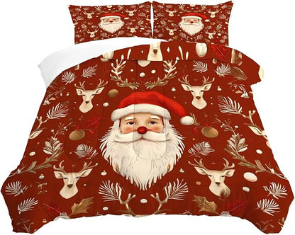 Red Christmas Comforter Set King Size Santa Claus Bedding for Girls Teen Women Xmas Reindeer Holiday Bedroom Quilt Bed Sets, 1 Comforter 2 Pillowcases
