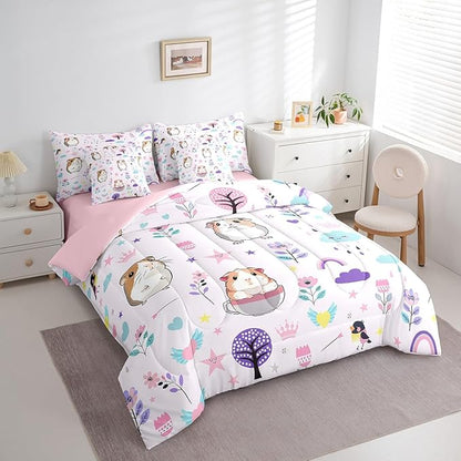 Erosebridal 7Pcs Floral Guinea Pig Kids Bedding Set for Boys,Full Size Comforter Set with Sheets and Pillowcase,7Pcs Bed in a Bag,Cartoon Animal Children Bed Set, Cute Flower Comforter