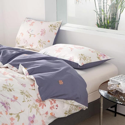Floral King Duvet Covers 100% Soft Cotton 3 Pieces Flower Bedding Set for Girls Women Chic Garden Style Luxury Purple Floral Pattern Printed King Floral Duvet Cover with Zipper Closure