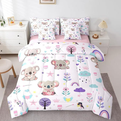Erosebridal Floral Koala Bedding 7PCS King Size Comforter Sets for Boys Cartoon Animal Bedding Sets Cute Flower Bed in a Bag,1 Comforter,1 Flat Sheet,1 Fitted Sheet,2 Pillowcases,2 Throw Pillow Covers