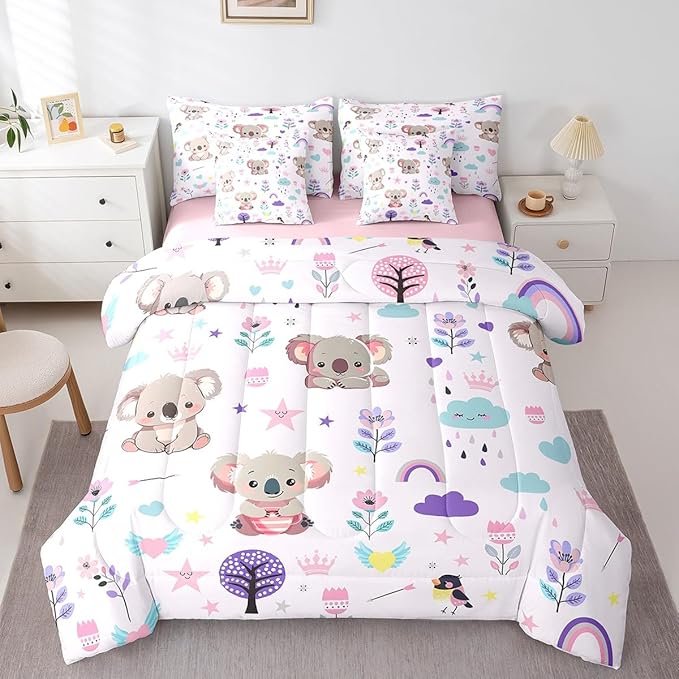 Erosebridal Floral Koala Bedding 7PCS Twin Size Comforter Sets for Boys Cartoon Animal Bedding Sets Cute Flower Bed in a Bag,1 Comforter,1 Flat Sheet,1 Fitted Sheet,2 Pillowcases,2 Throw Pillow Covers